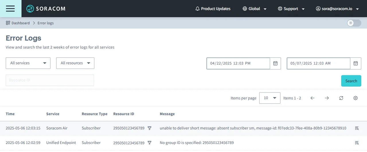 Screenshot showing the error logs UI with two example errors