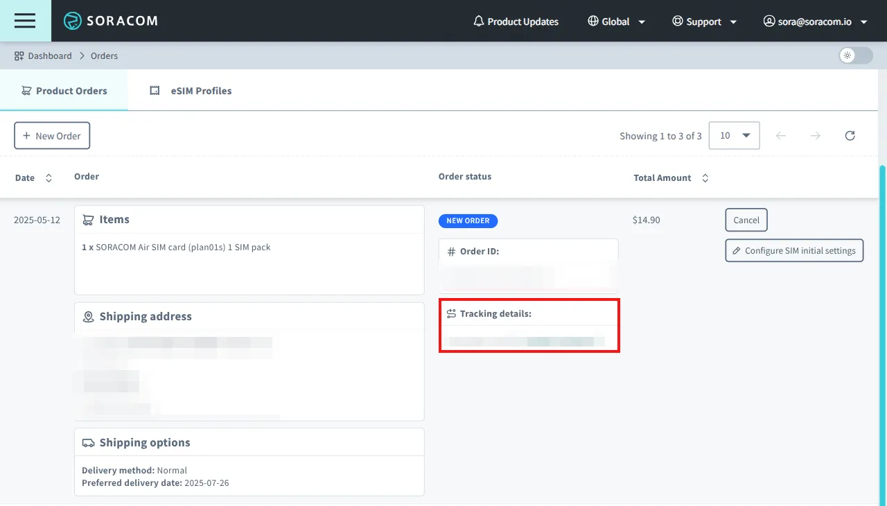Screenshot of the Product Orders tab showing details related to an order that was placed