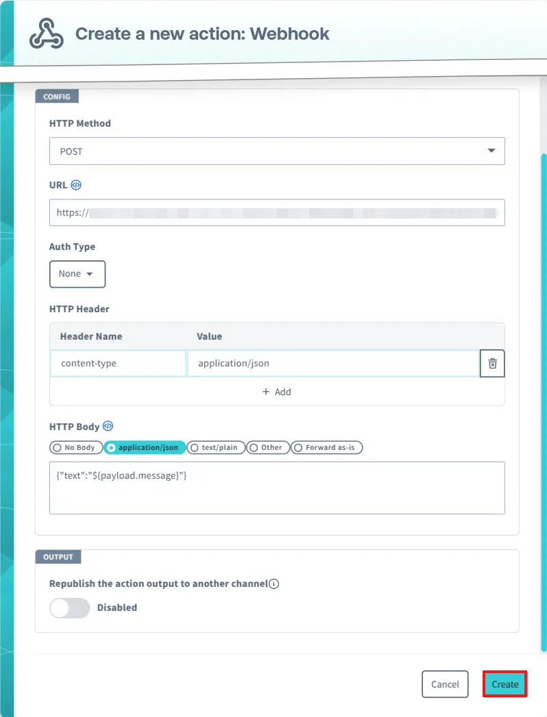 Screenshot of completed Config and Output sections.